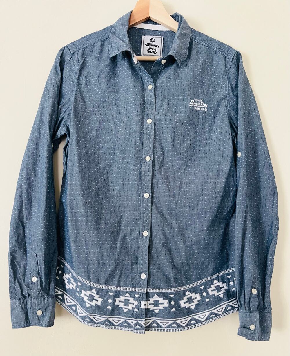 Superdry British Japan White‎ Navajo Embroidered Chambray ButtonDown Shirt Top M